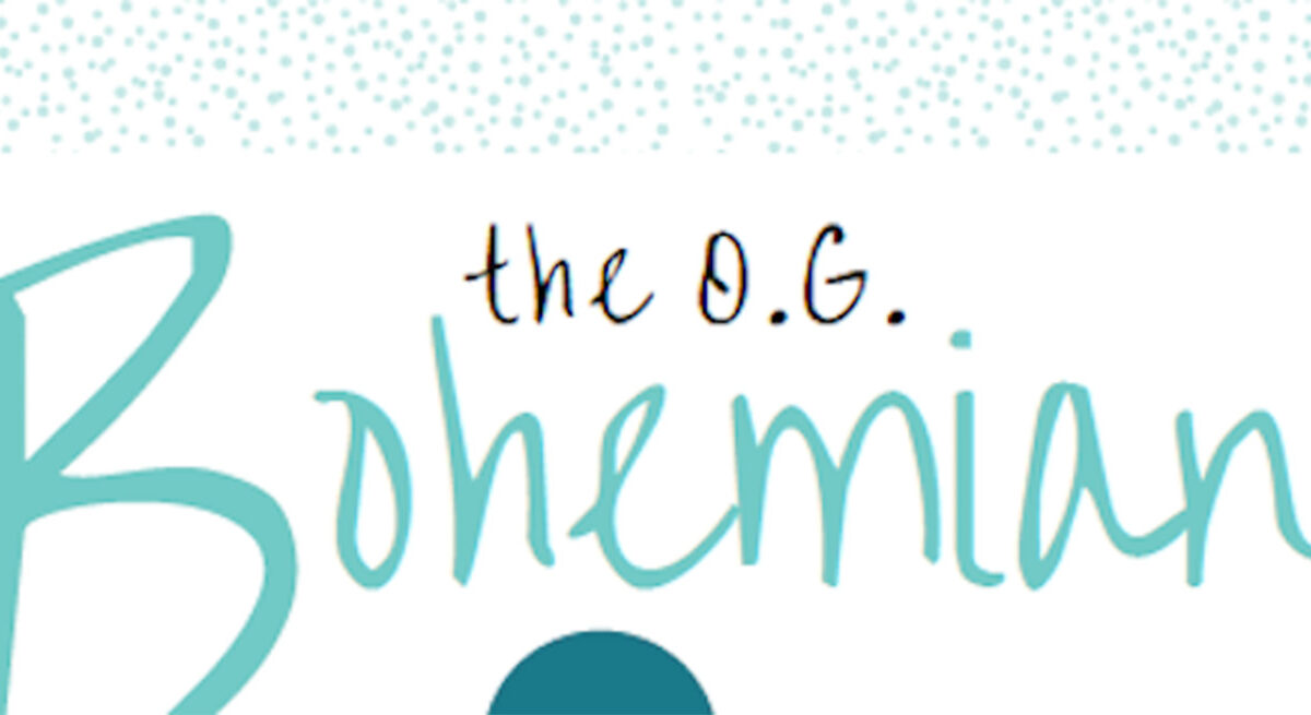 Mint green text with small dot pattern above it and large blue dots below