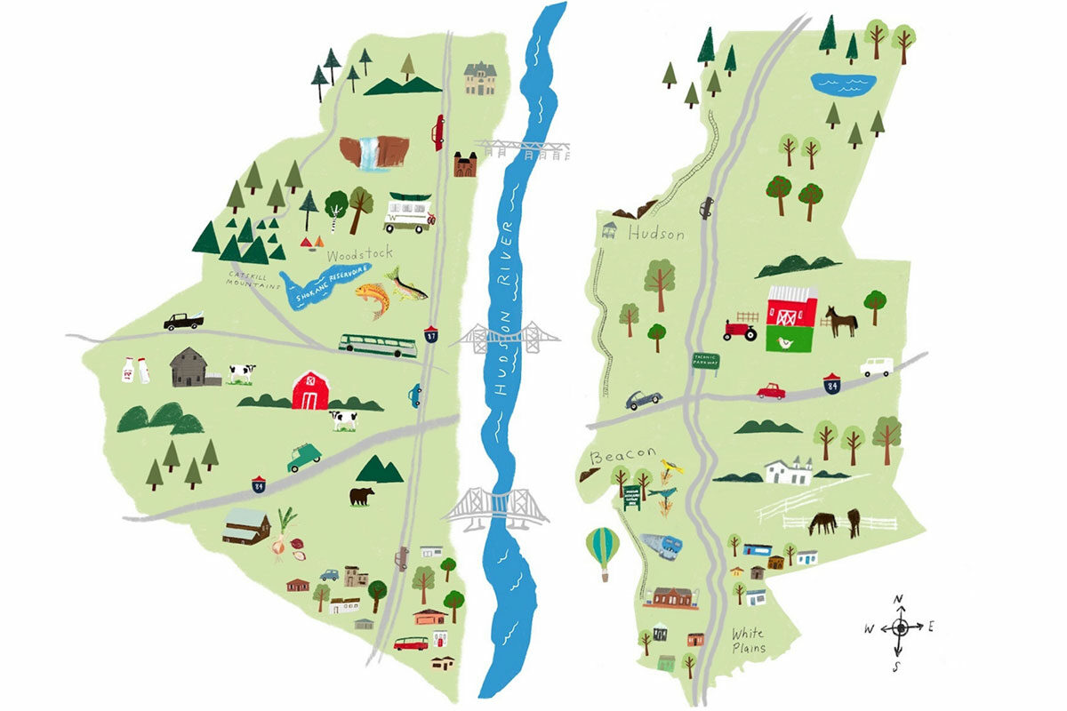 an illustrated map of the hudson valley with landmarks