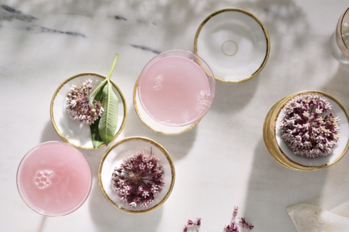 assortment of milkweed tea and milkweed leaves on a marble surface.