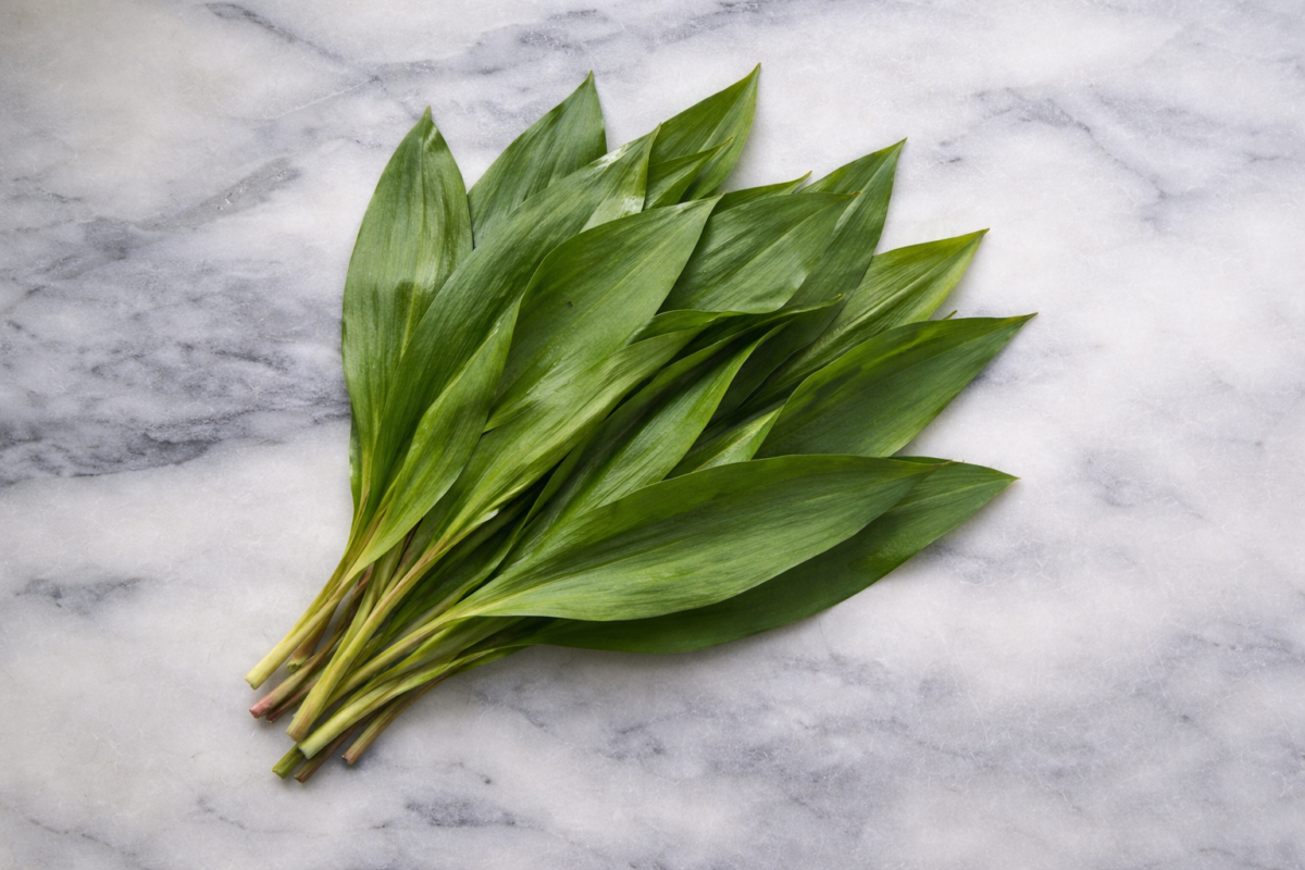 A bundle of wild ramp leaves on a viened marble countertop